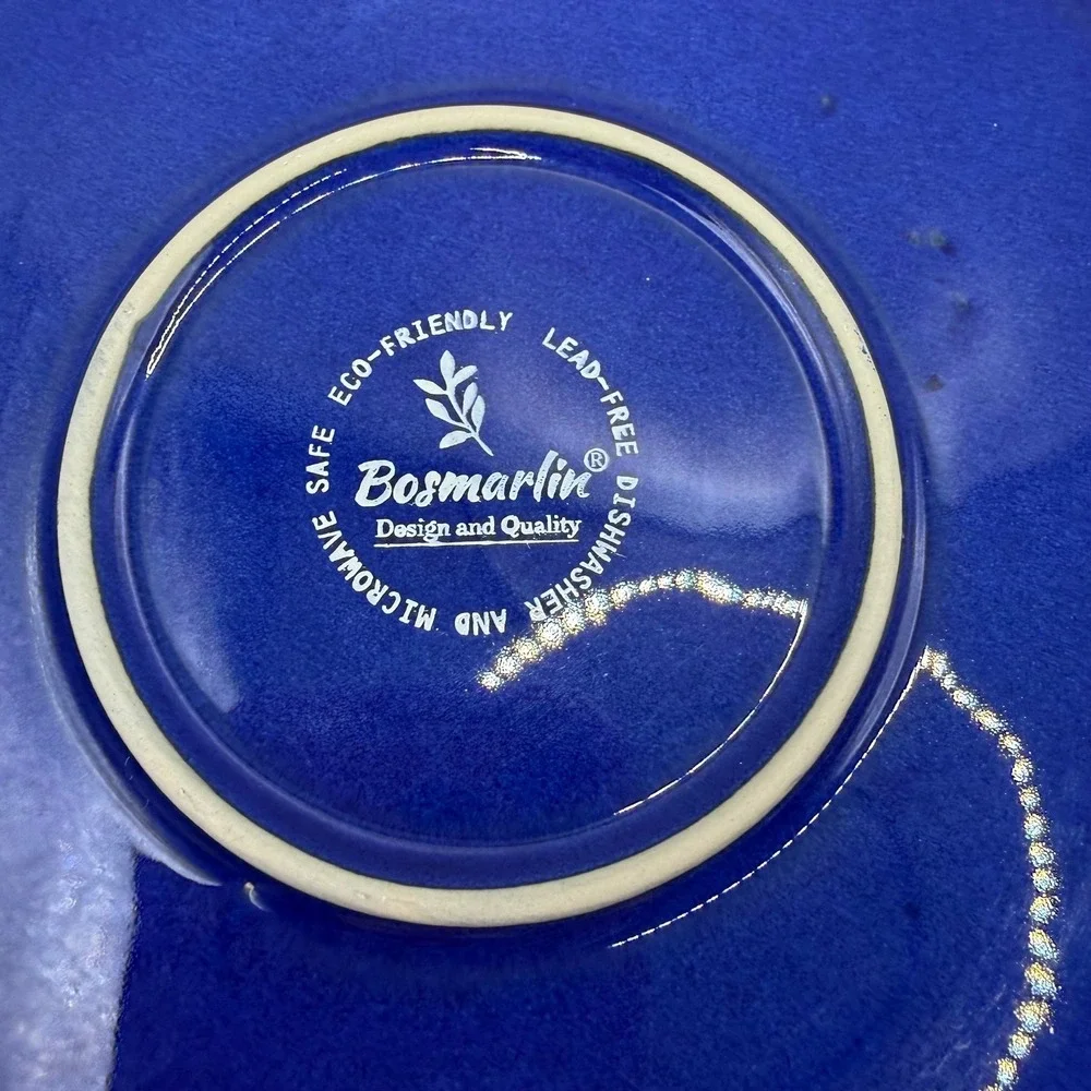 Bosmarlin Cobalt Blue‎ Stoneware Salad Plates Set of 2 Black Rim 8 Inch Ceramic